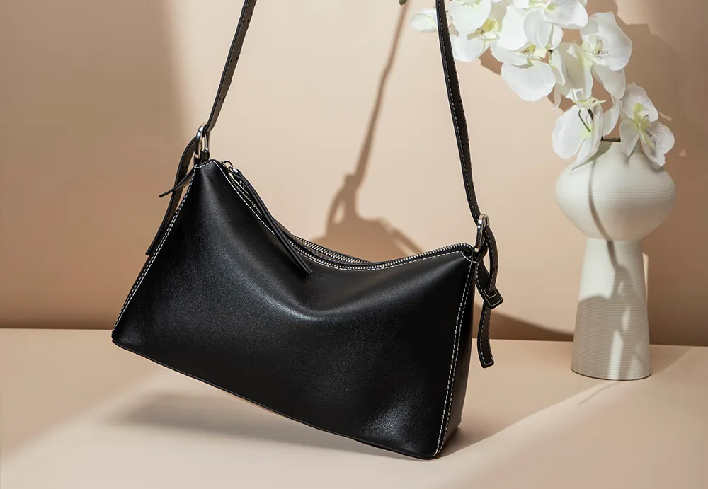 BALIYA Factory - Made Genuine Leather Hobo Bag - Black with Contrast Stitching, Convertible Shoulder & Crossbody Purse