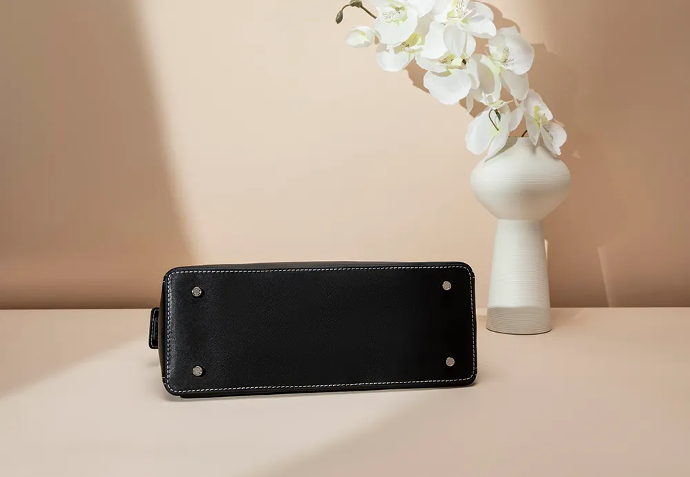 BALIYA Factory - Made Genuine Leather Hobo Bag - Black with Contrast Stitching, Convertible Shoulder & Crossbody Purse