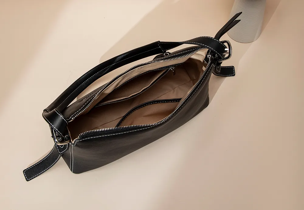 BALIYA Factory - Made Genuine Leather Hobo Bag - Black with Contrast Stitching, Convertible Shoulder & Crossbody Purse