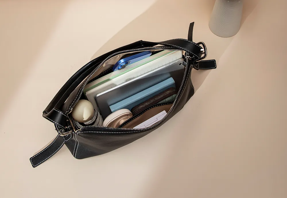 BALIYA Factory - Made Genuine Leather Hobo Bag - Black with Contrast Stitching, Convertible Shoulder & Crossbody Purse