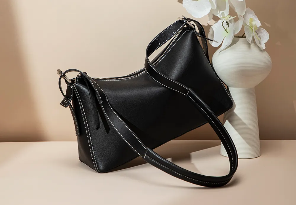 BALIYA Factory - Made Genuine Leather Hobo Bag - Black with Contrast Stitching, Convertible Shoulder & Crossbody Purse