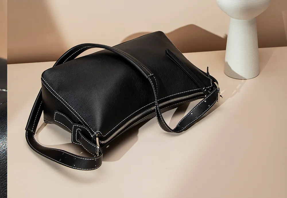 BALIYA Factory - Made Genuine Leather Hobo Bag - Black with Contrast Stitching, Convertible Shoulder & Crossbody Purse