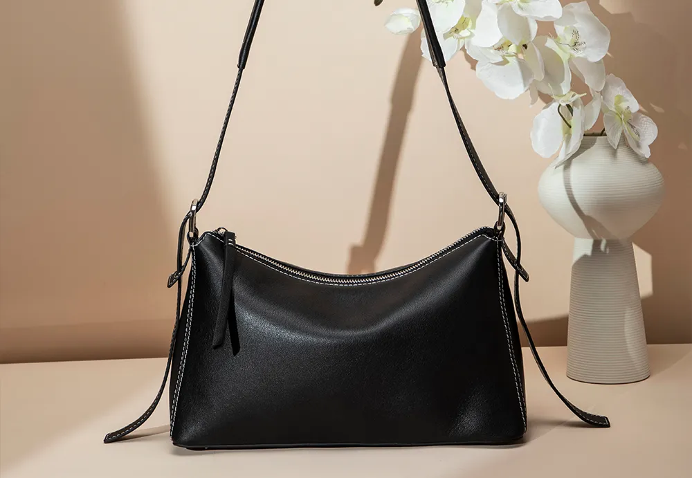 BALIYA Factory - Made Genuine Leather Hobo Bag - Black with Contrast Stitching, Convertible Shoulder & Crossbody Purse