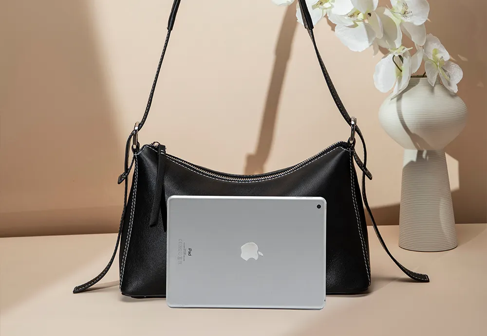 BALIYA Factory - Made Genuine Leather Hobo Bag - Black with Contrast Stitching, Convertible Shoulder & Crossbody Purse