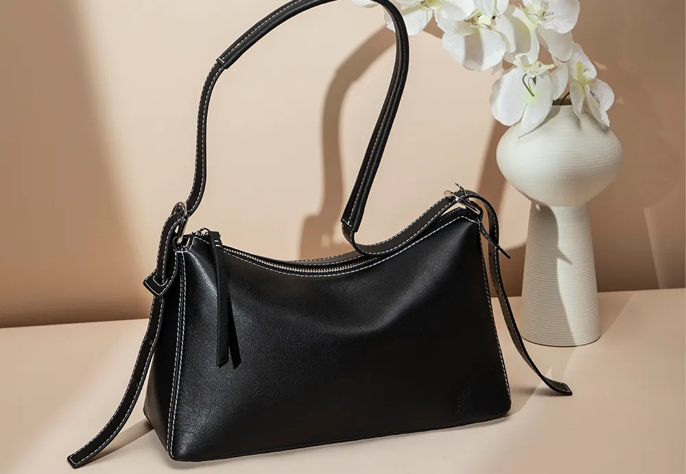 BALIYA Factory - Made Genuine Leather Hobo Bag - Black with Contrast Stitching, Convertible Shoulder & Crossbody Purse