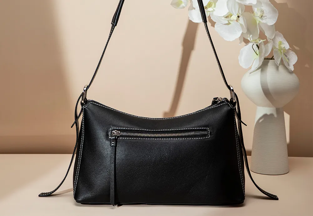 BALIYA Factory - Made Genuine Leather Hobo Bag - Black with Contrast Stitching, Convertible Shoulder & Crossbody Purse