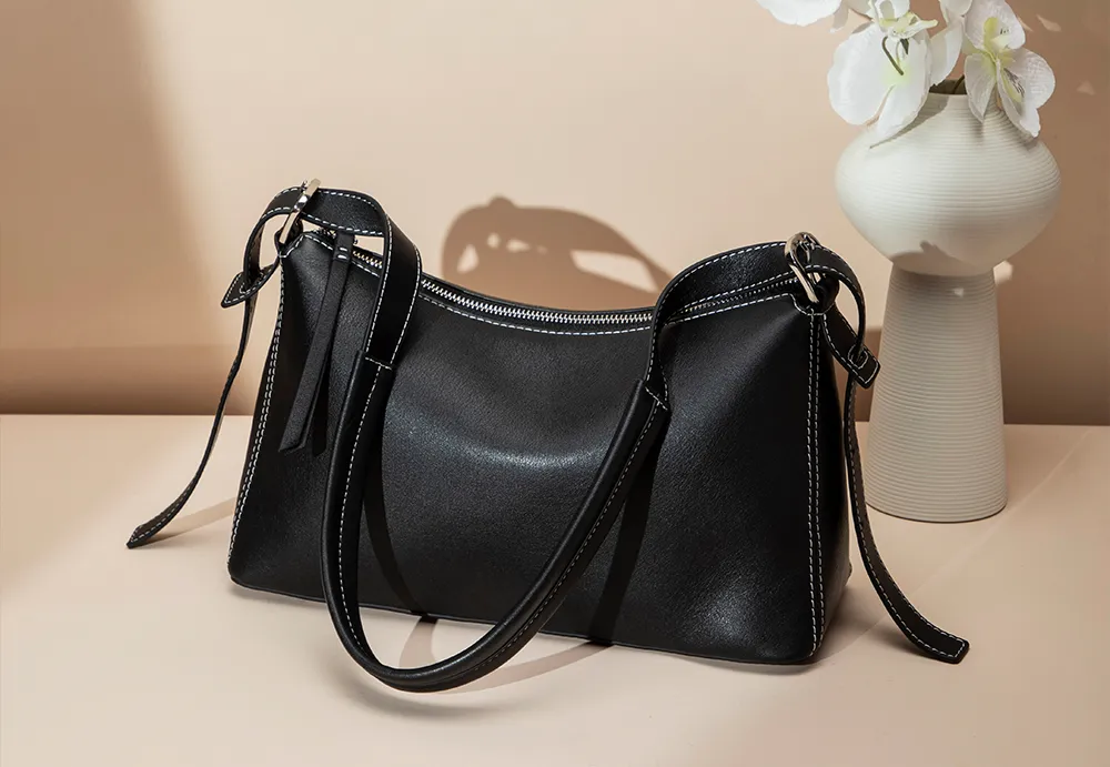 BALIYA Factory - Made Genuine Leather Hobo Bag - Black with Contrast Stitching, Convertible Shoulder & Crossbody Purse