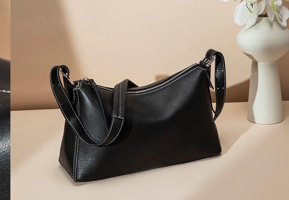 BALIYA Factory - Made Genuine Leather Hobo Bag - Black with Contrast Stitching, Convertible Shoulder & Crossbody Purse